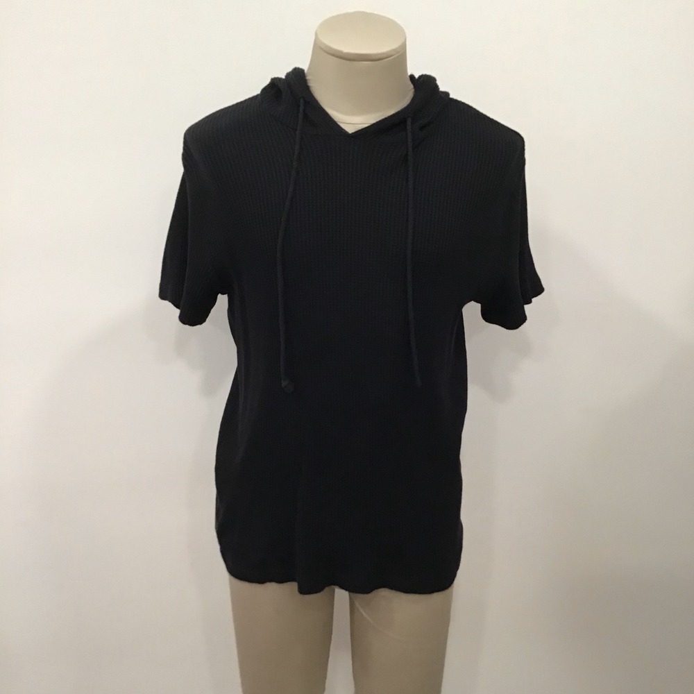 Forever 21 Short Sleeve Hoodie Top Mens Medium Black Waffle Knit Cotton Pullover